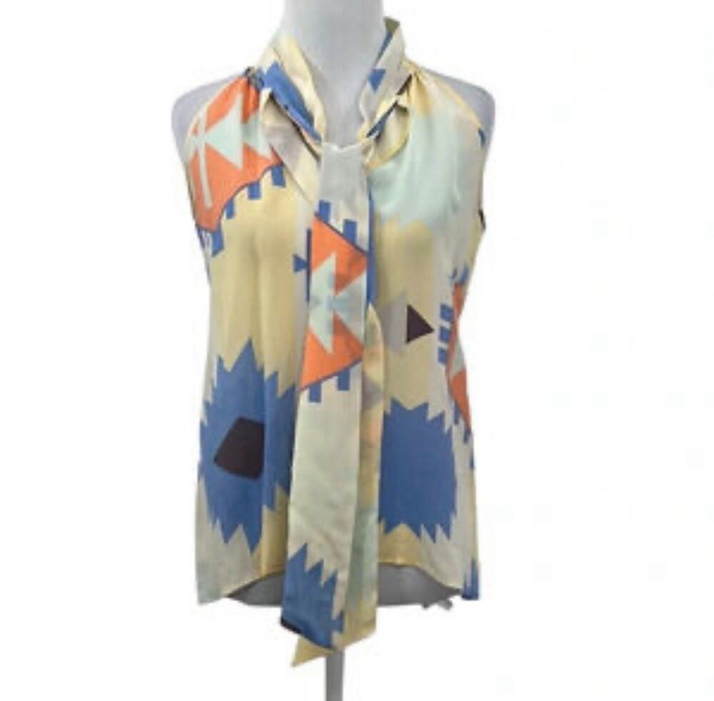 Hunter Dixon Yellow USA made Blouse‎ Tie Neckline Button Front Silk M A001846